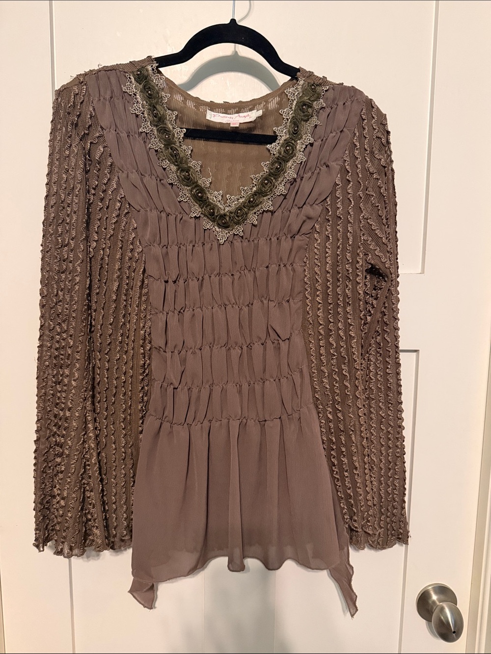 Pretty Angel Taupe Smocked V-Neck Lace Trim Blouse